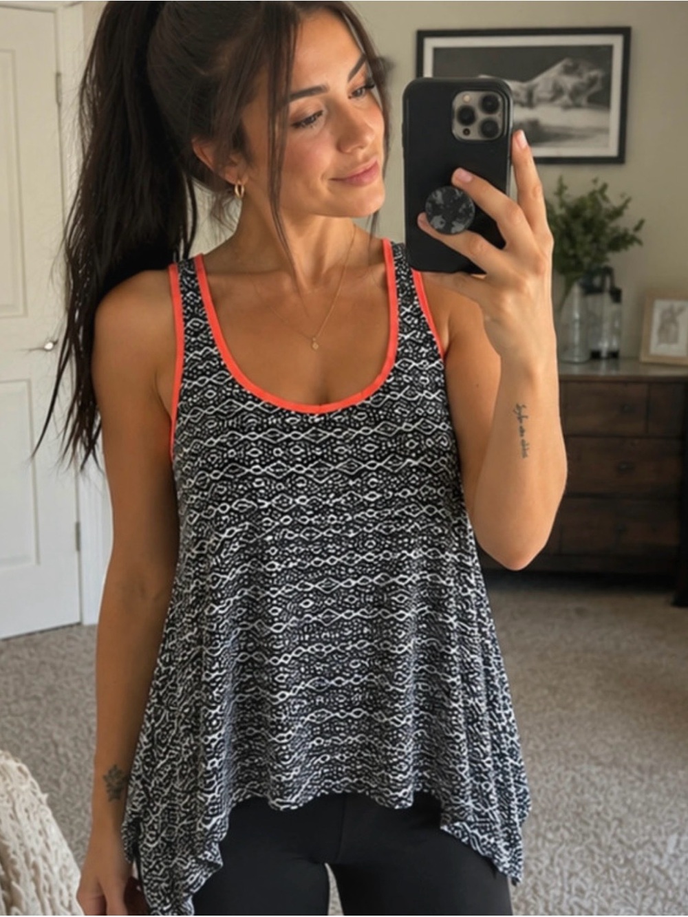Buckle Black Patterned Tank with Coral Trim